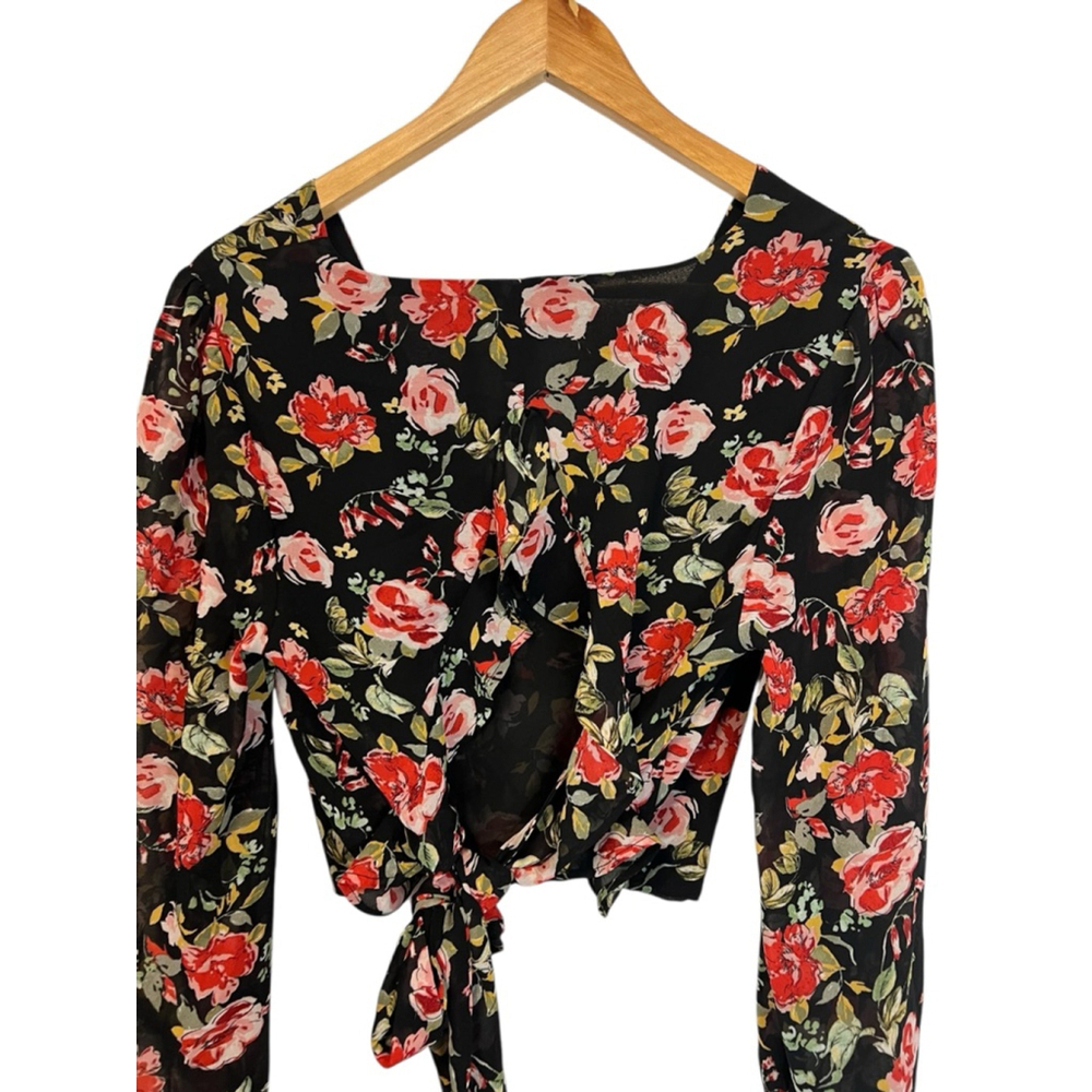 Women's Dynamite Black & Red Floral Long Sleeve Blouse Size L - Picture 6 of 10